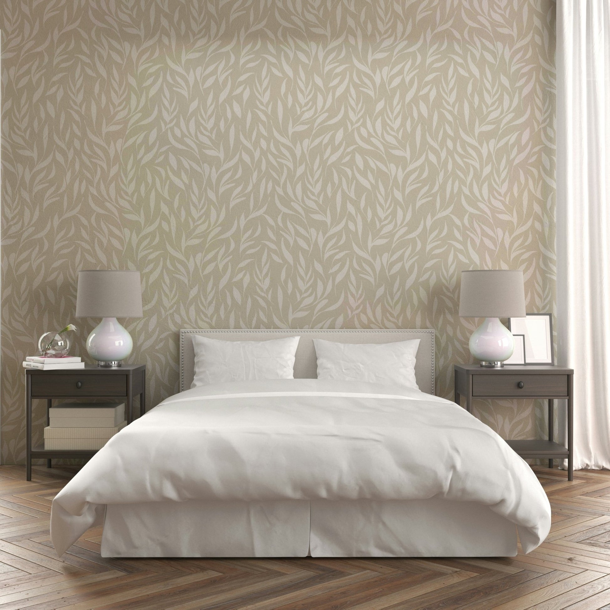 Close-up of a subtle, beige foliage pattern

