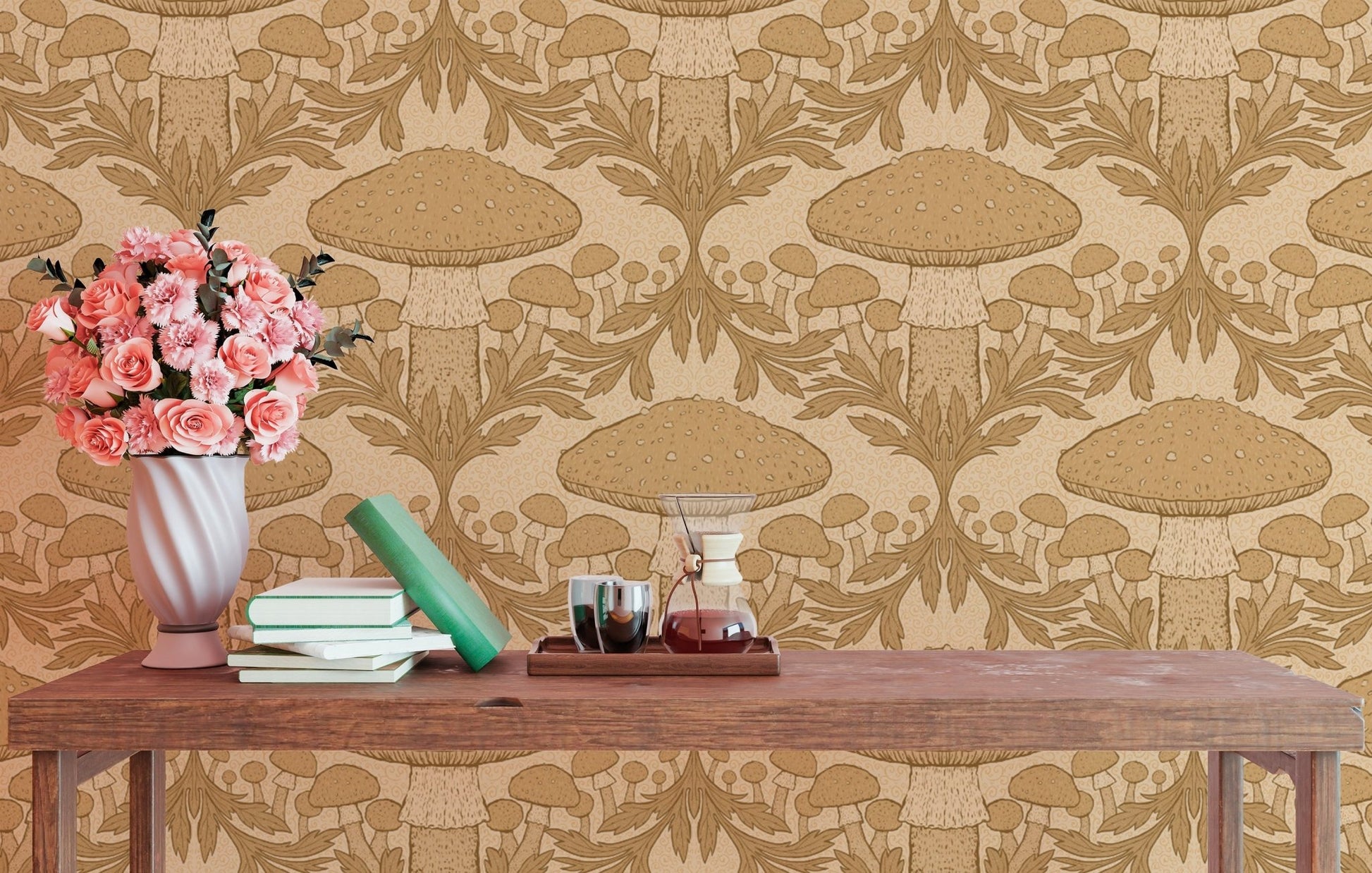 Soft beige heritage mushroom mural for a warm, inviting ambiance. RNM47
