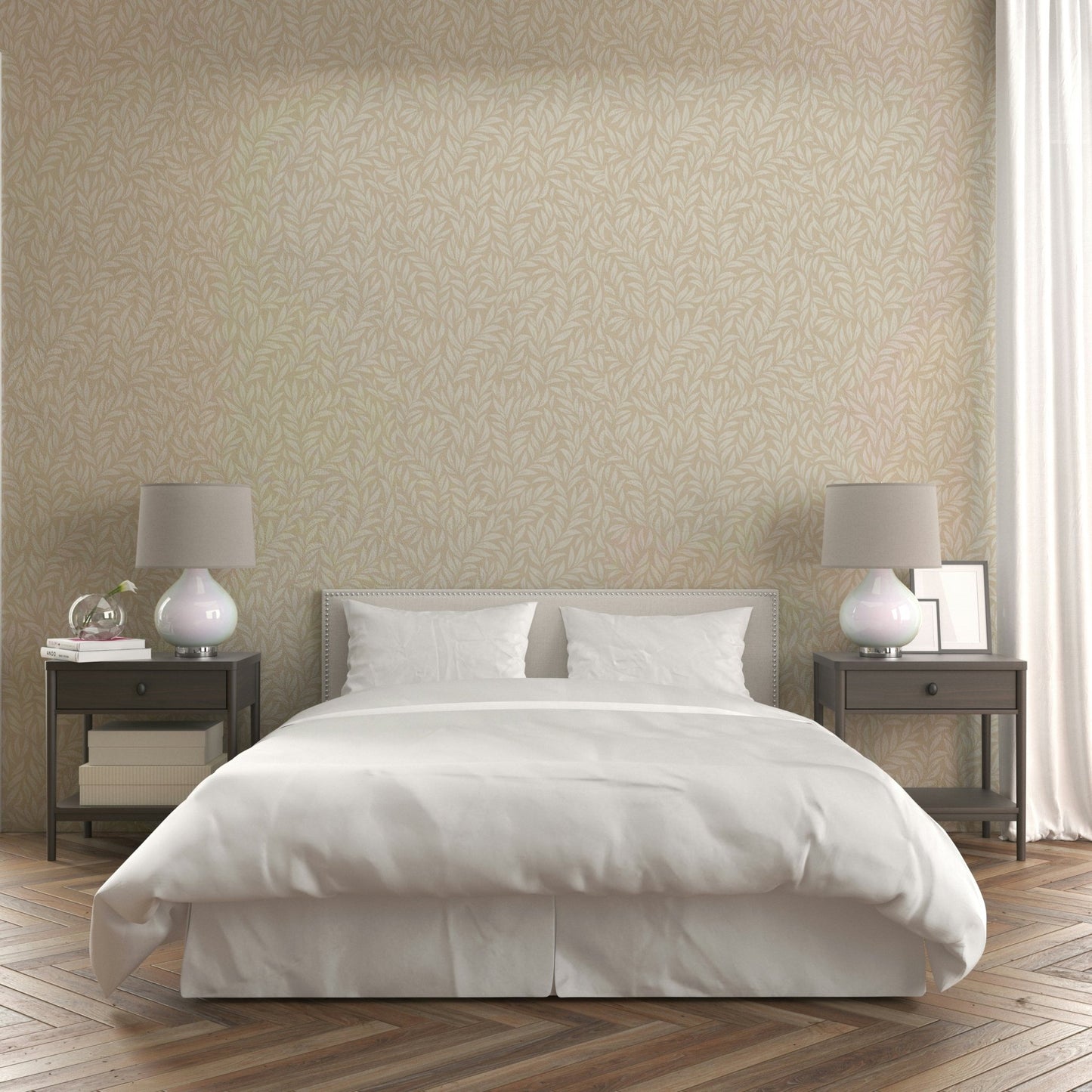 Living room with beige leafy wallpaper GD503

