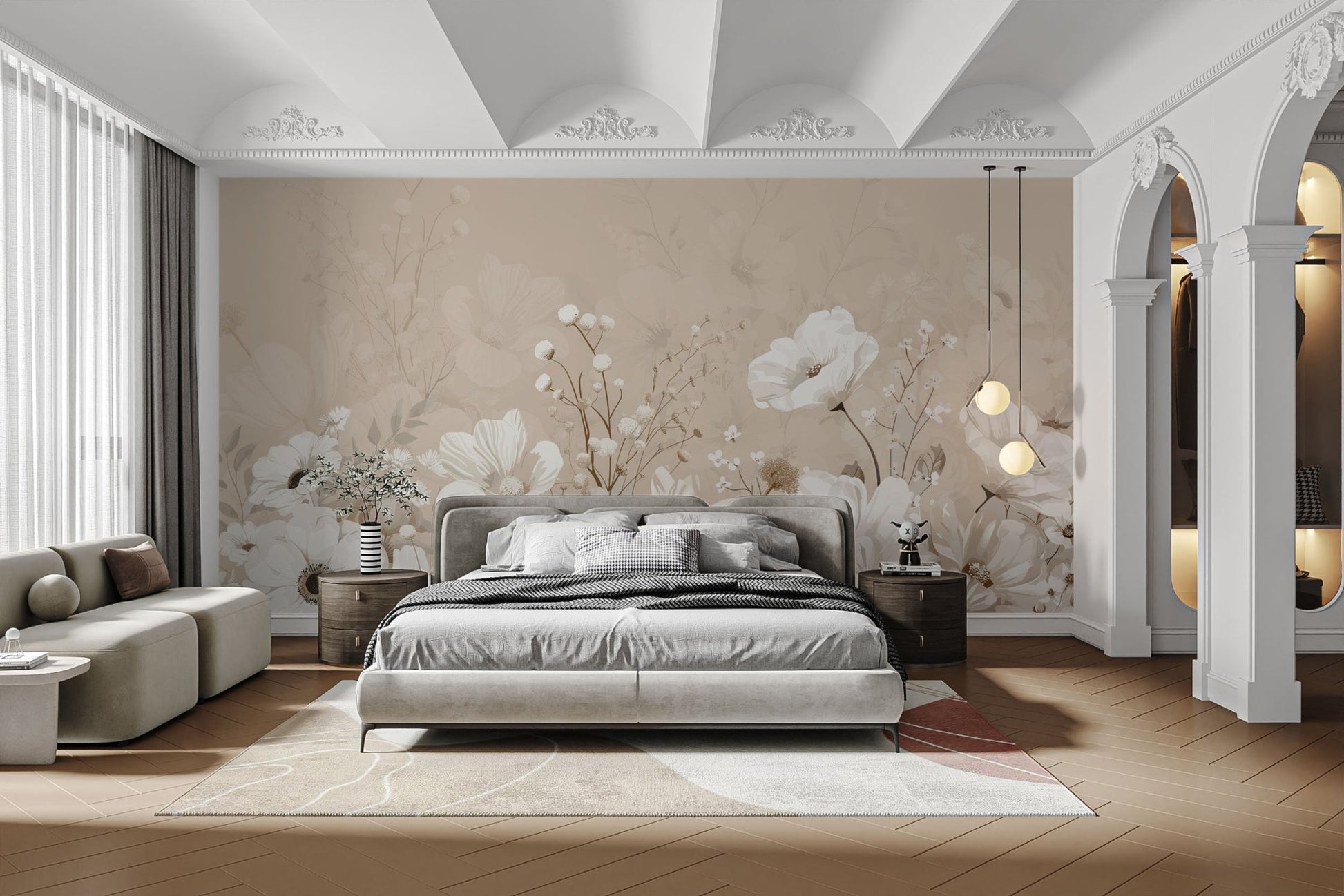 Beige flower wallpaper for living room
