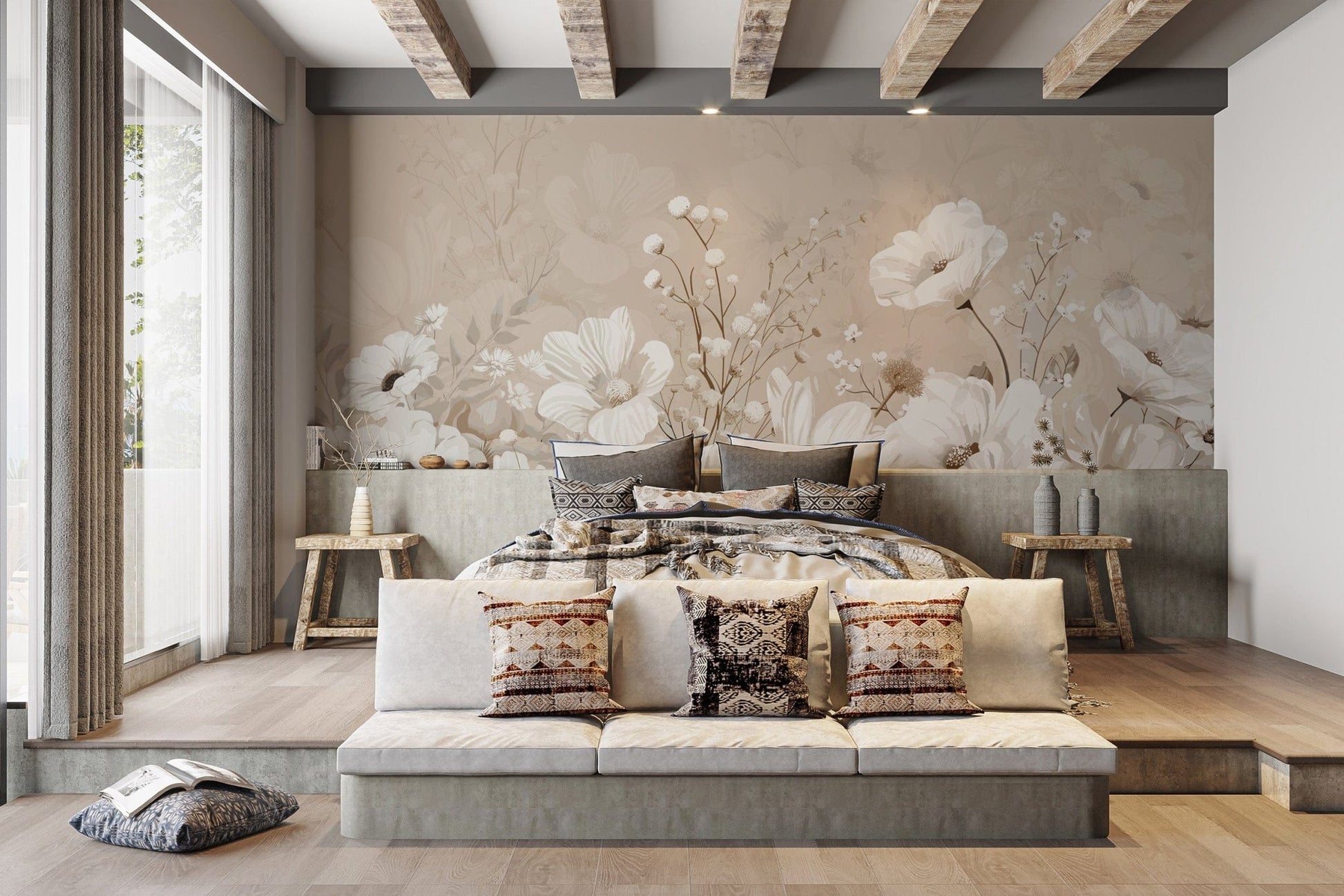 Timeless neutral flower wall mural