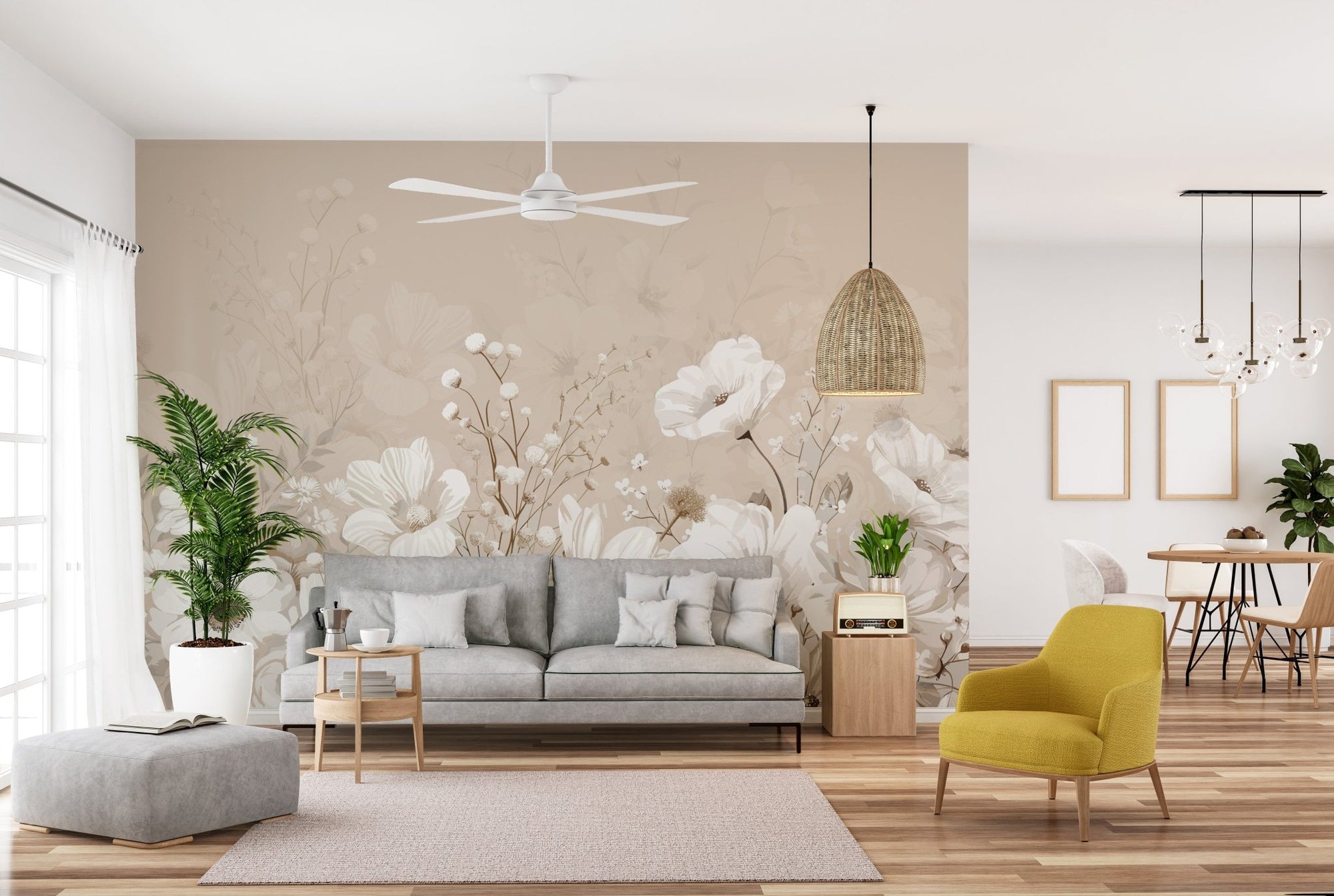 Beige neutral floral wallpaper mural
 D223