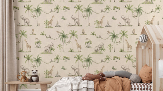 Beige safari wildlife nursery wallpaper
