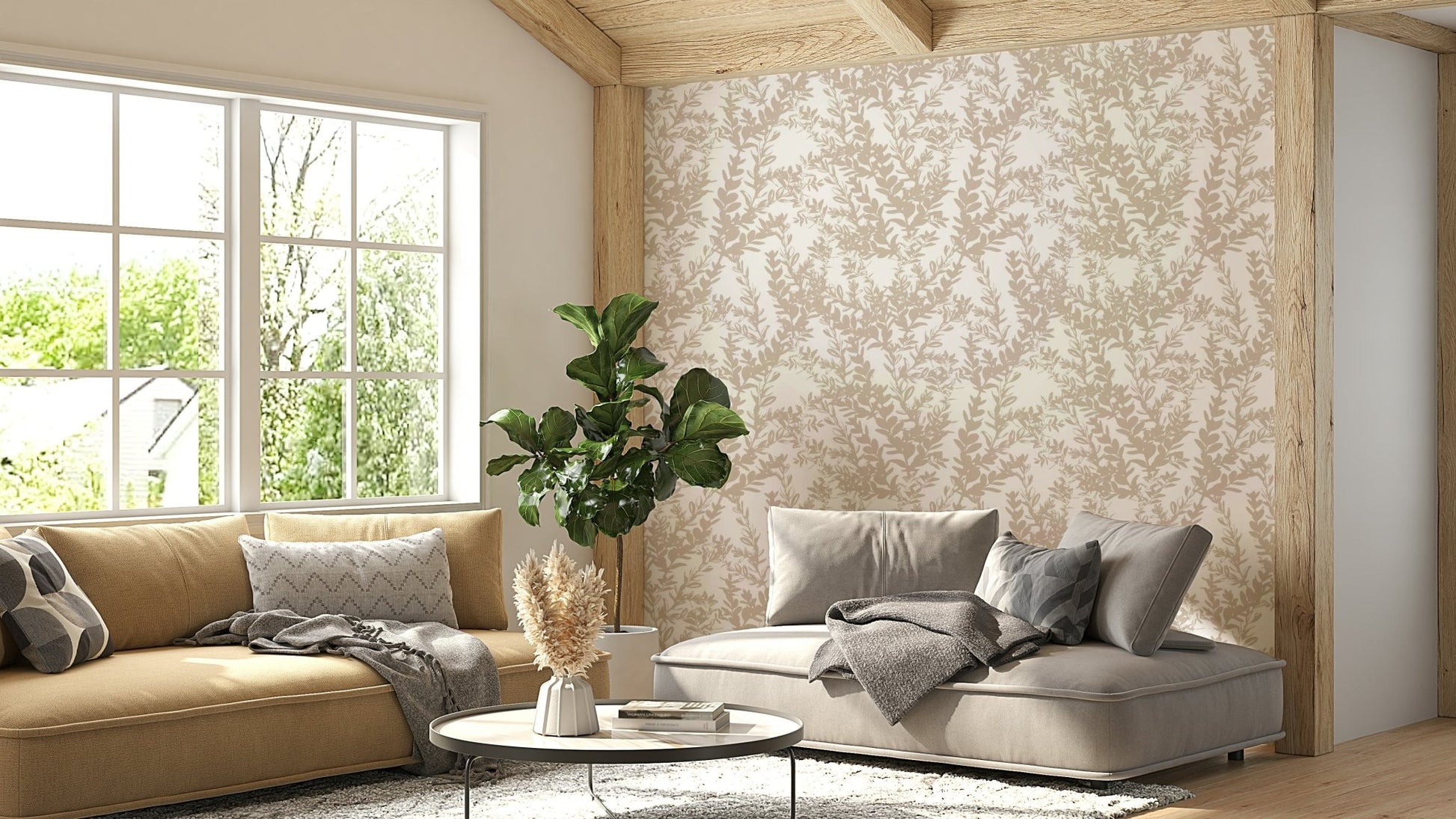 A bedroom decorated with a twigs mural

