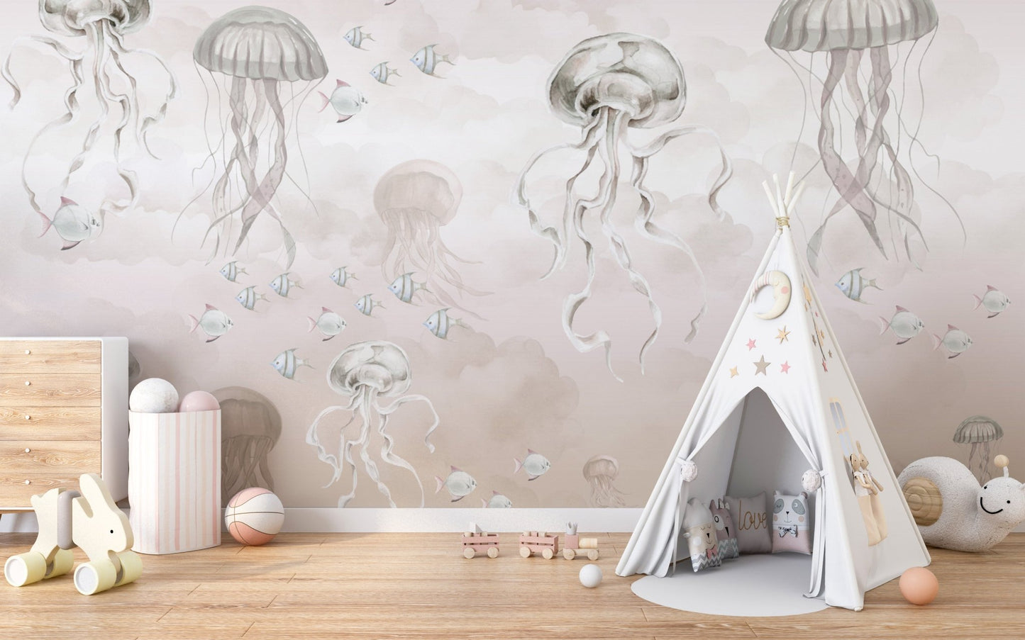 Soft Beige Jellyfish Themed Ocean Wallpaper
