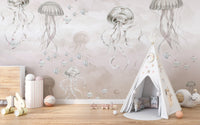Soft Beige Jellyfish Themed Ocean Wallpaper
