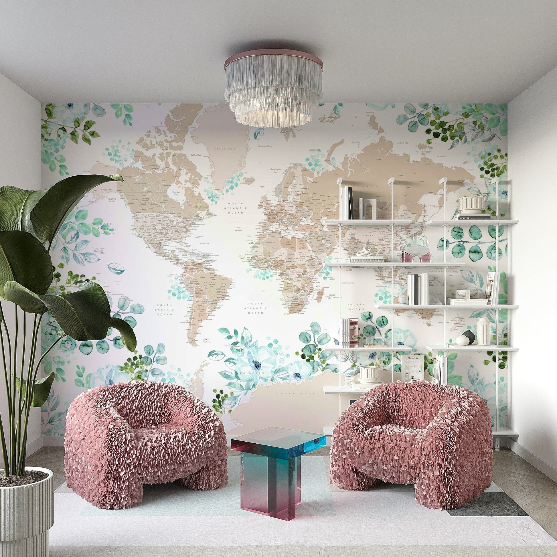 Beige watercolor world map wall art

