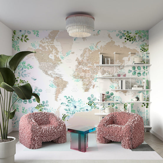 Beige watercolor world map wall art GD187

