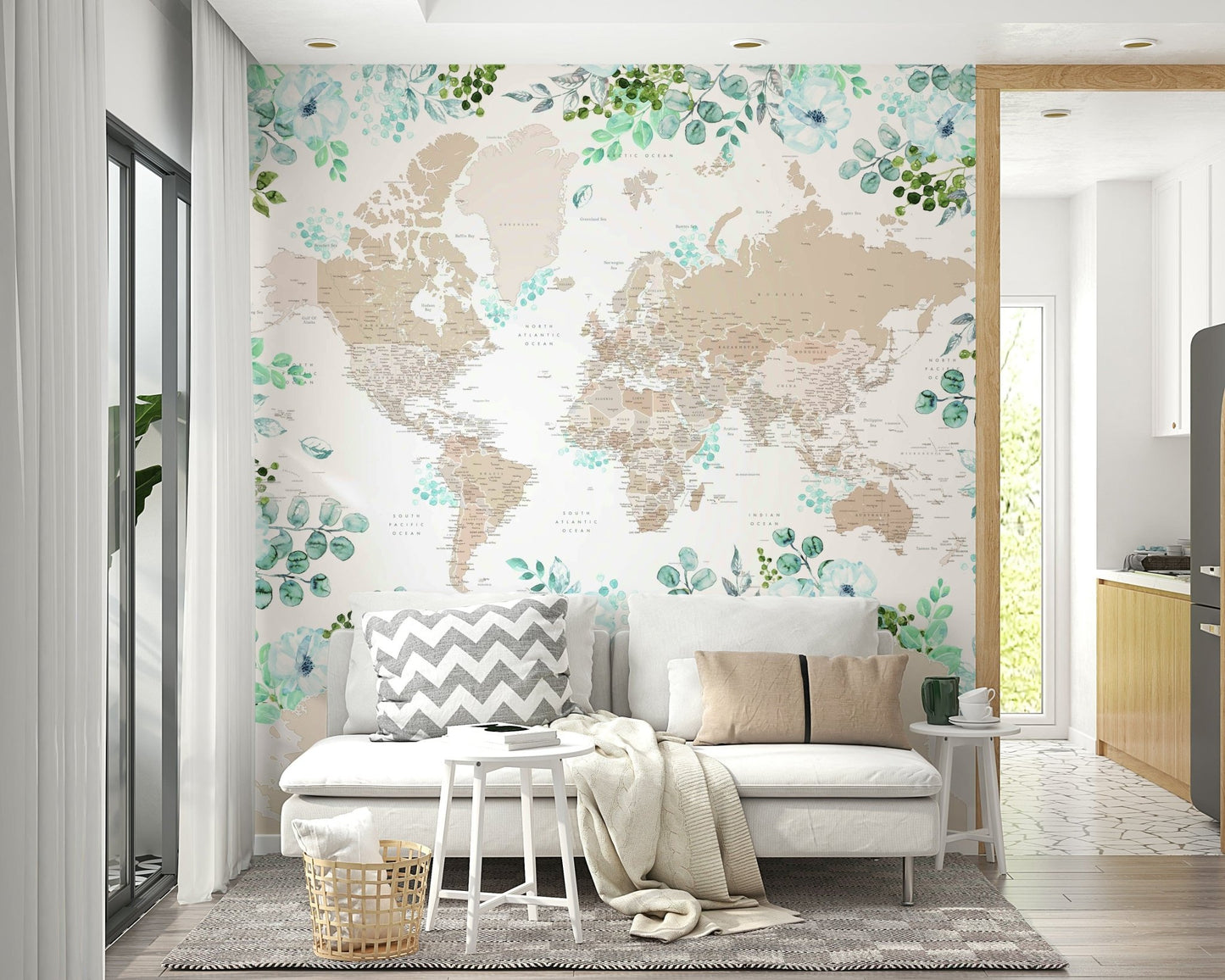 Soft beige world map wallpaper design

