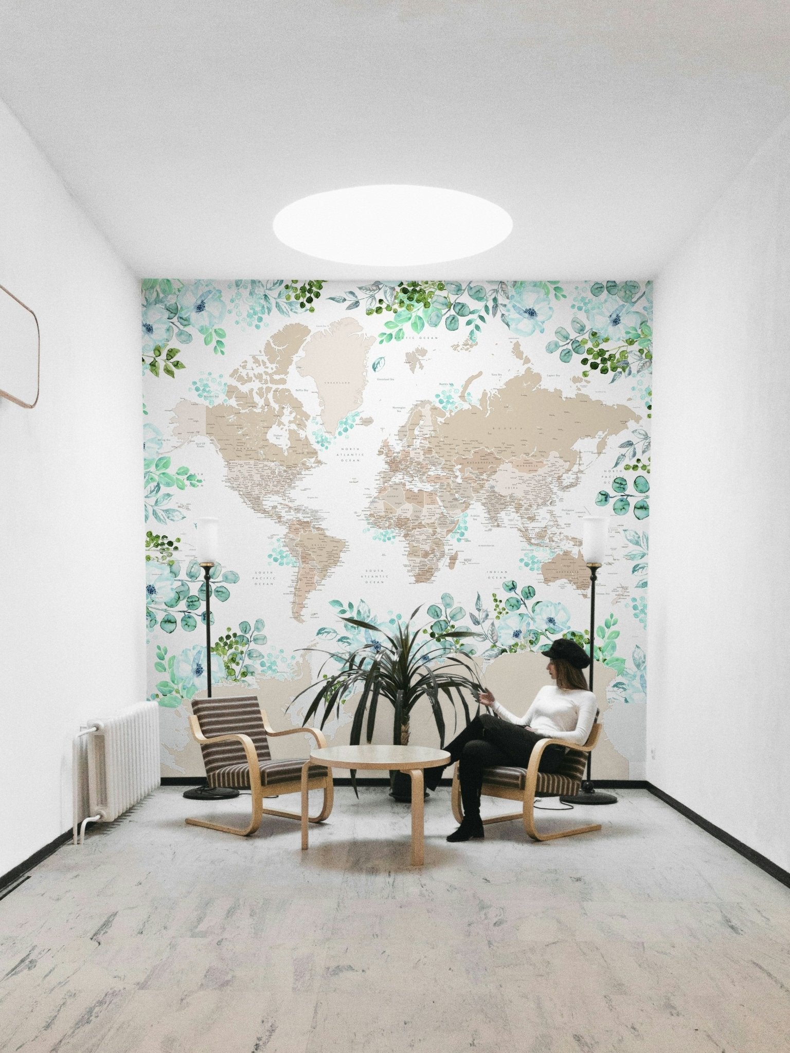 Calm beige world map mural design

