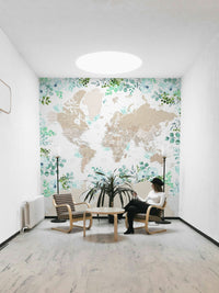 Calm beige world map mural design

