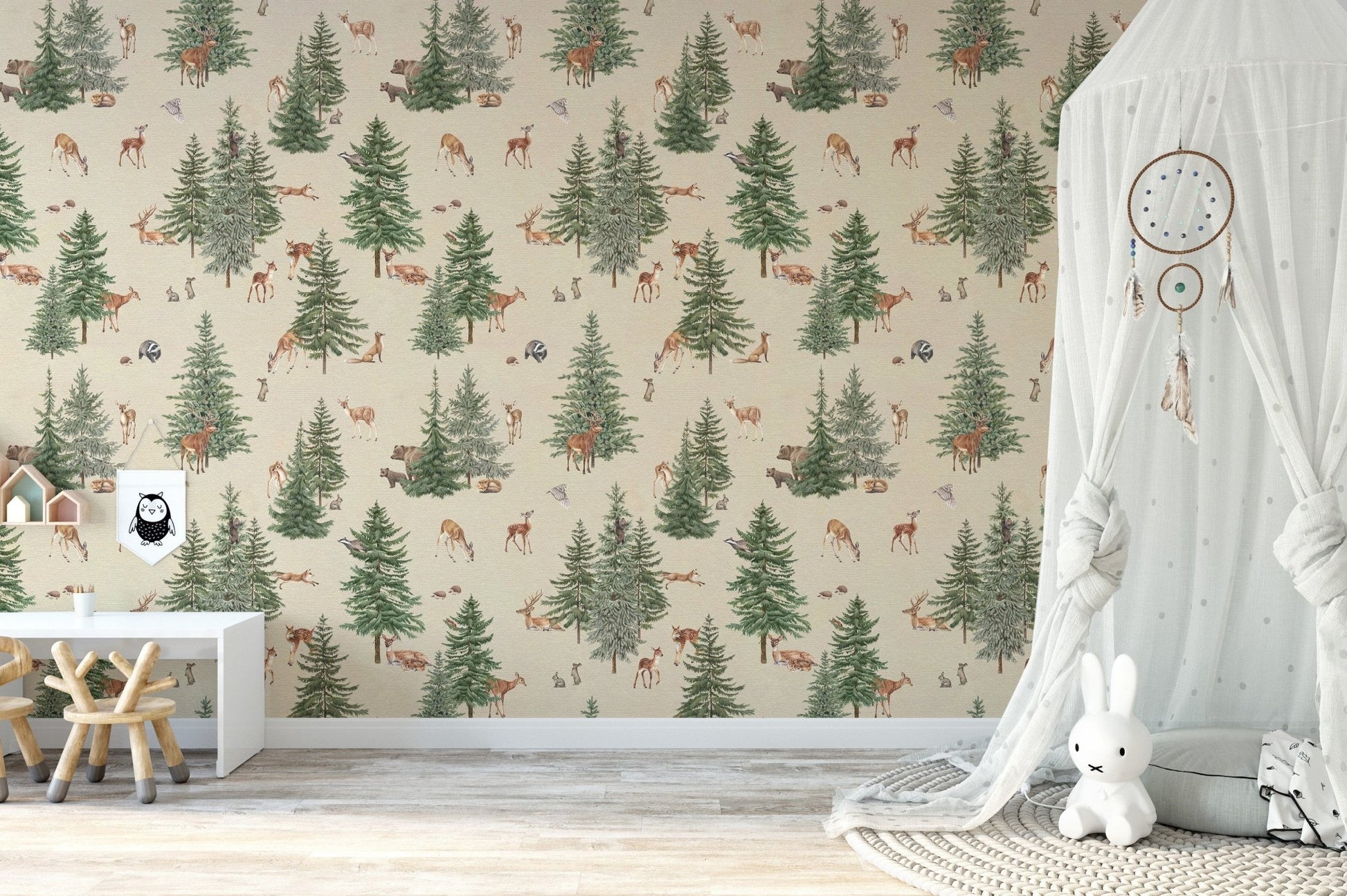 Watercolor deer and trees wallpaper print
