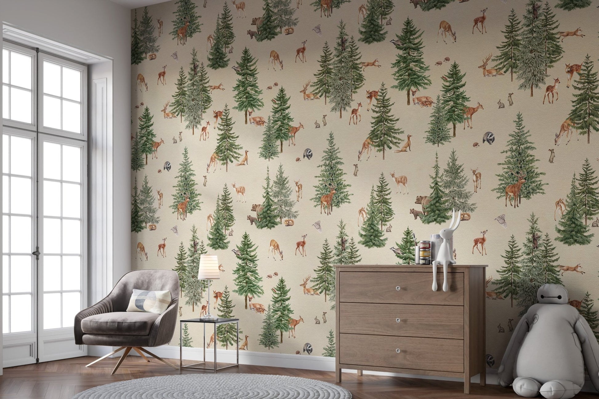 Forest deer and pine tree wallpaper design
