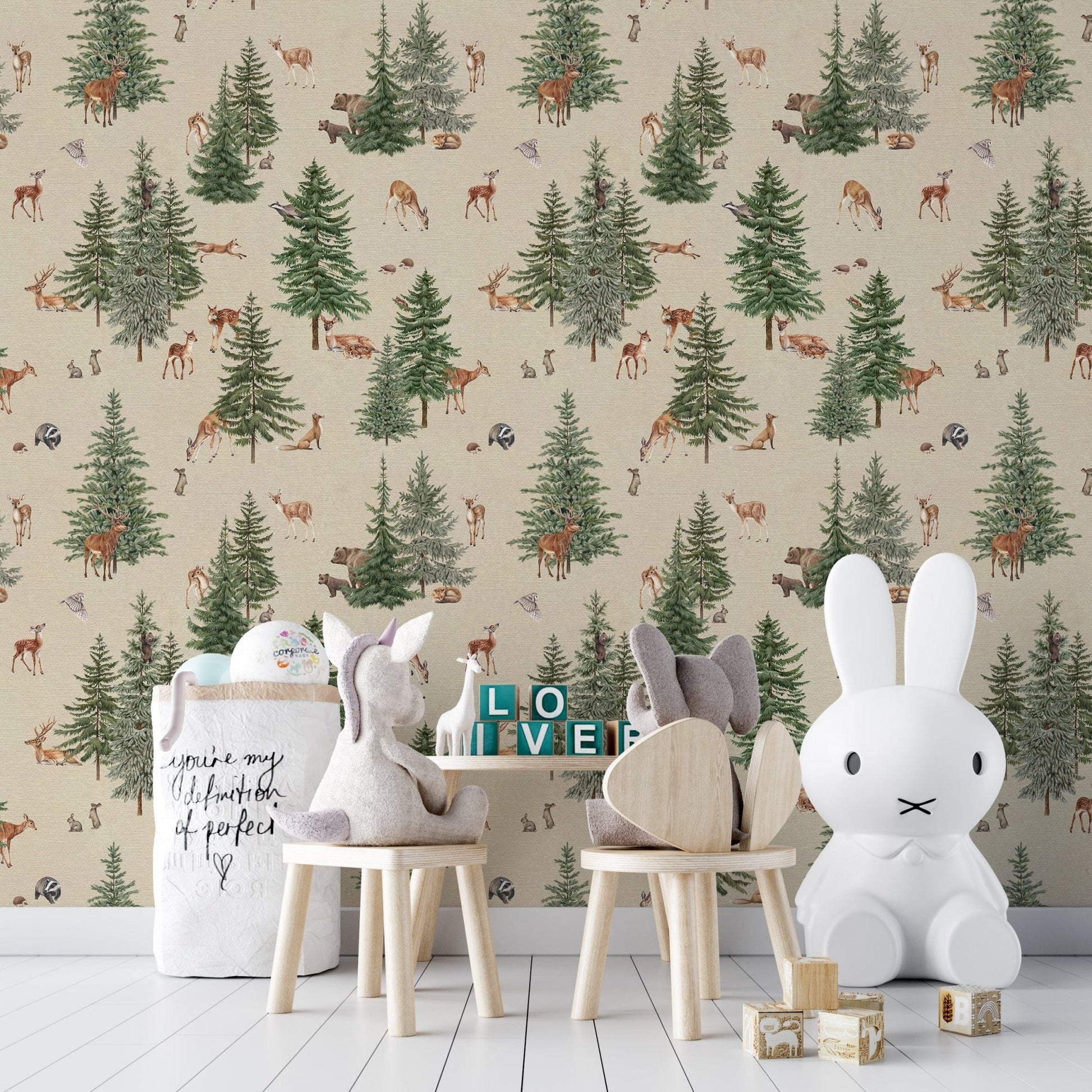 Rustic woodland deer and trees wallpaper
