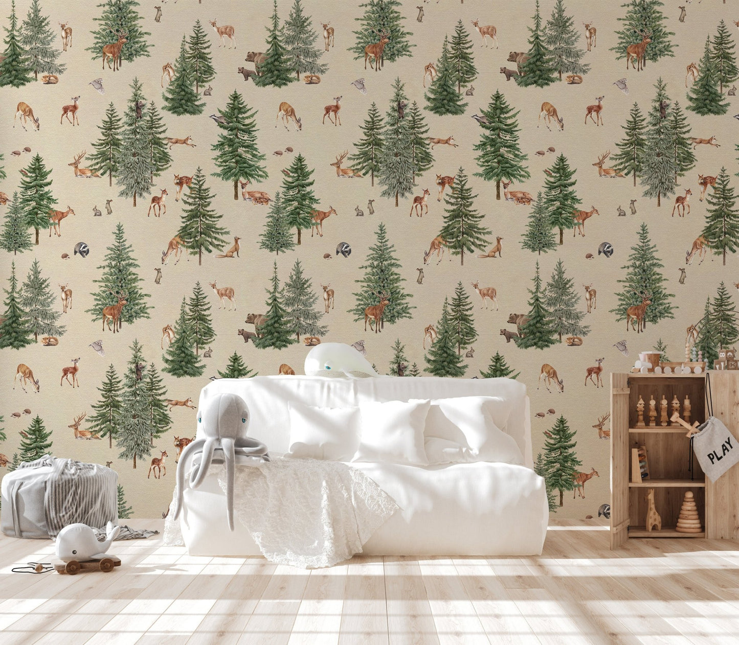 Beige woodland deer nursery wallpaper
