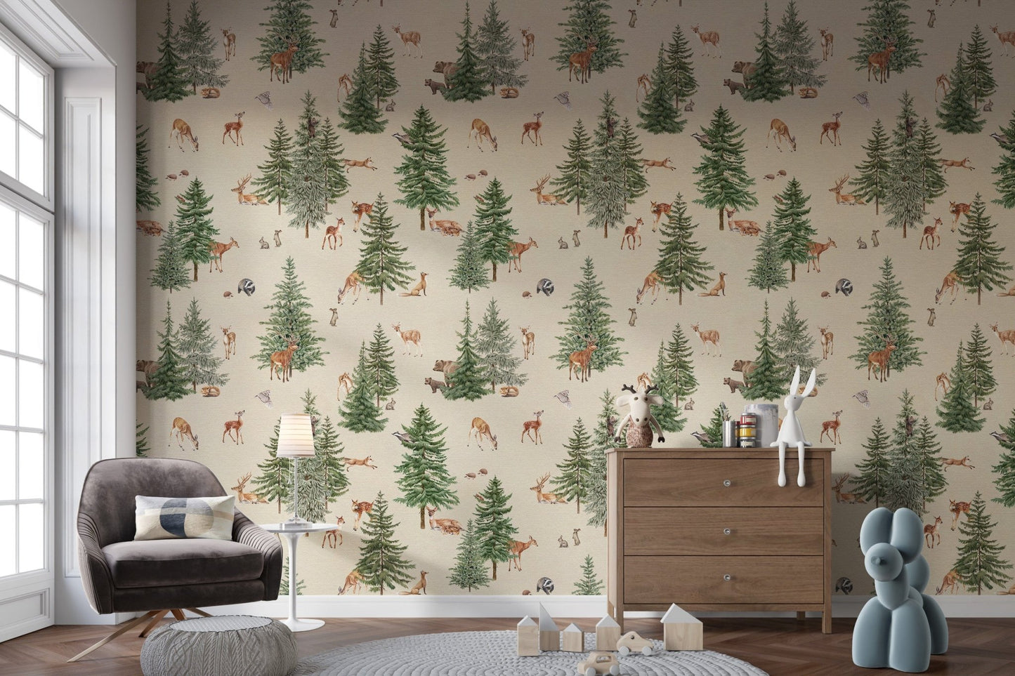 Tranquil forest animal wallpaper pattern
