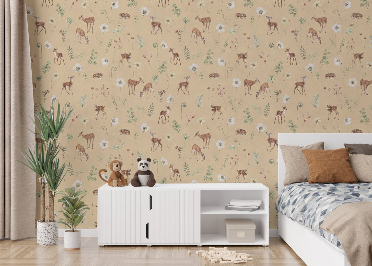 Neutral forest wallpaper with deer print KB82
