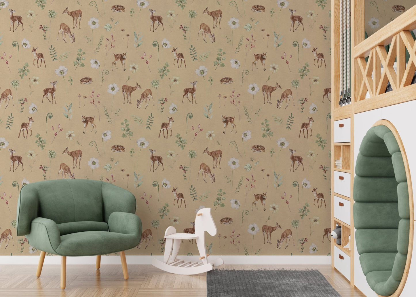 Beige botanical deer wallpaper design KB82
