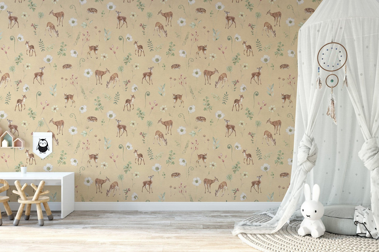 Soft beige forest animal wallpaper mural
 KB82