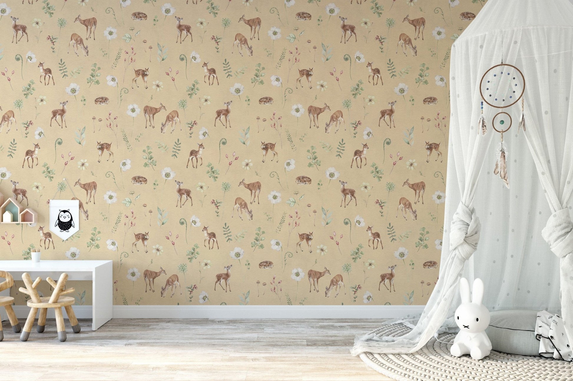 Soft beige forest animal wallpaper mural
 KB82