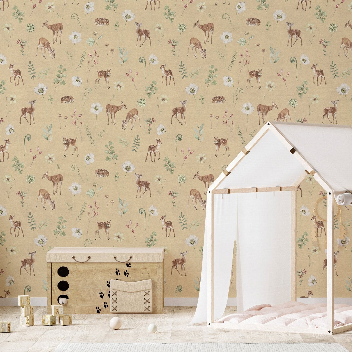Soft beige forest animal wallpaper mural KB82
