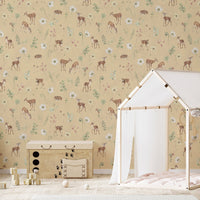 Soft beige forest animal wallpaper mural KB82
