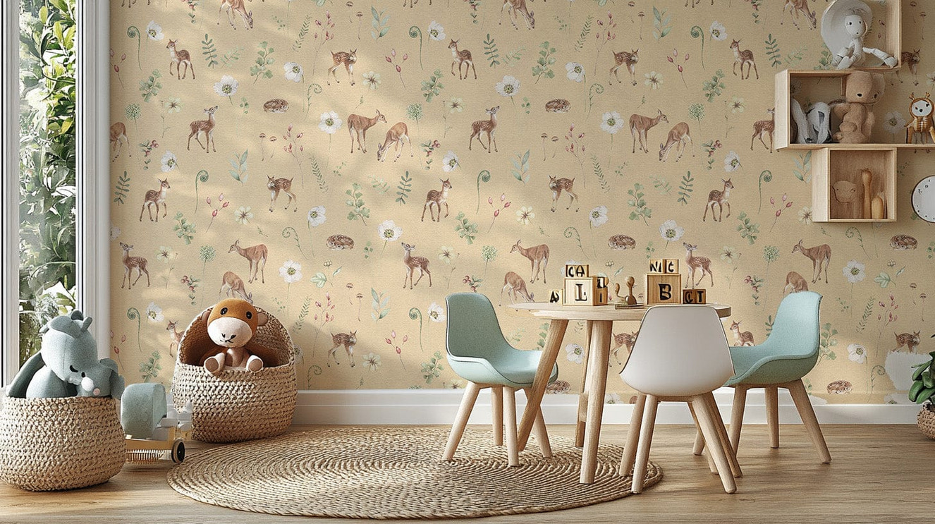 Beige woodland deer wallpaper mural
