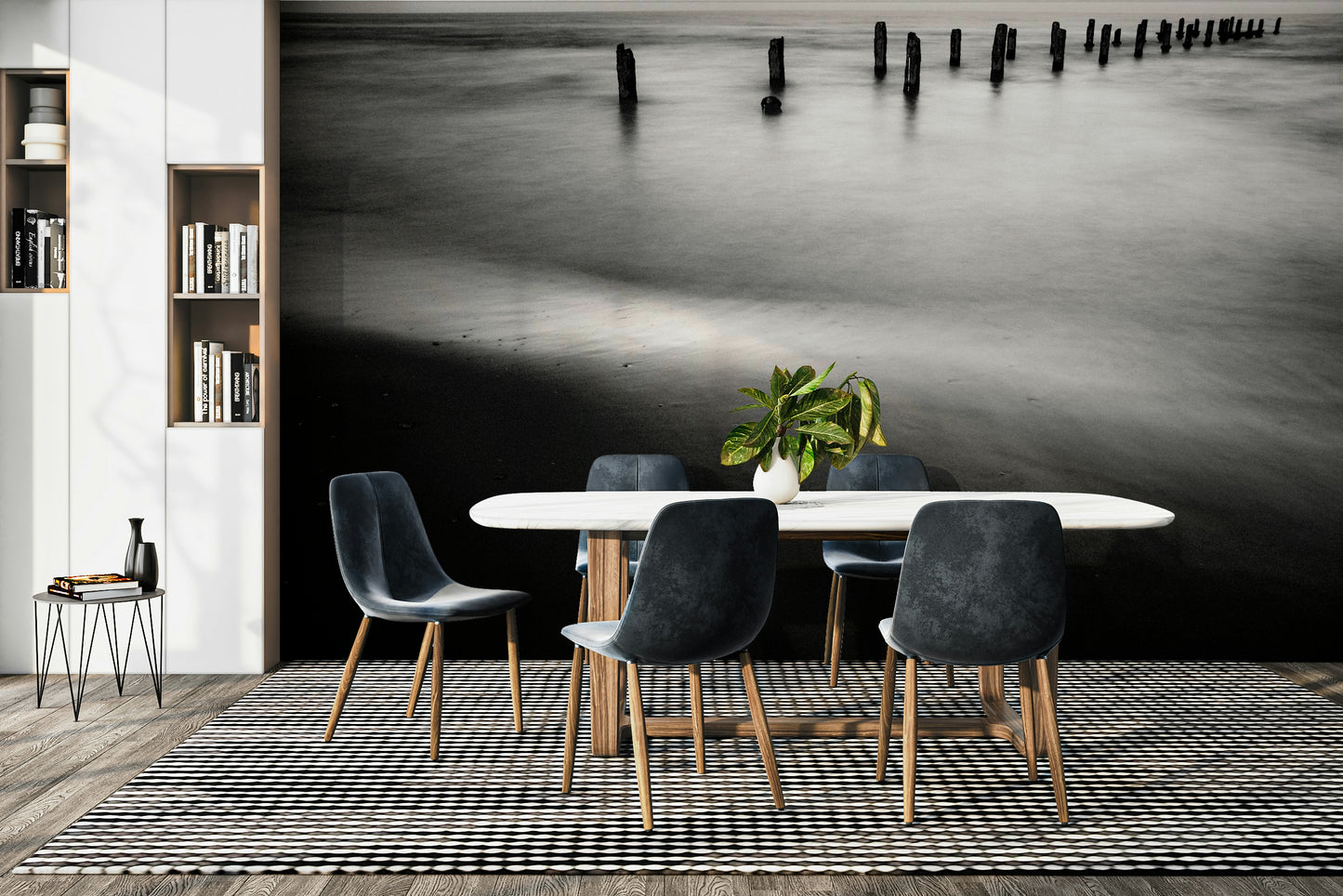 A peaceful open ocean mural on decorative wallpaper.

