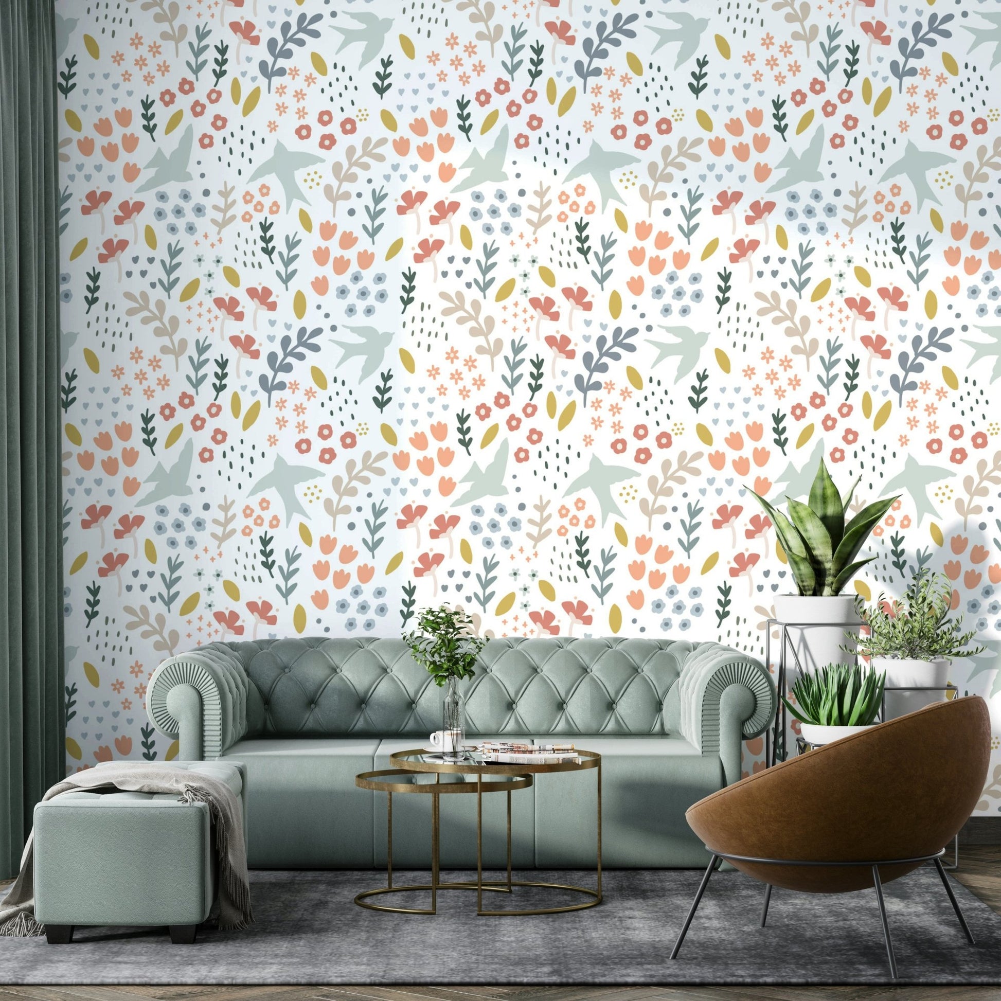 Bellbird Floral Wallpaper with Bright Spring Flowers

