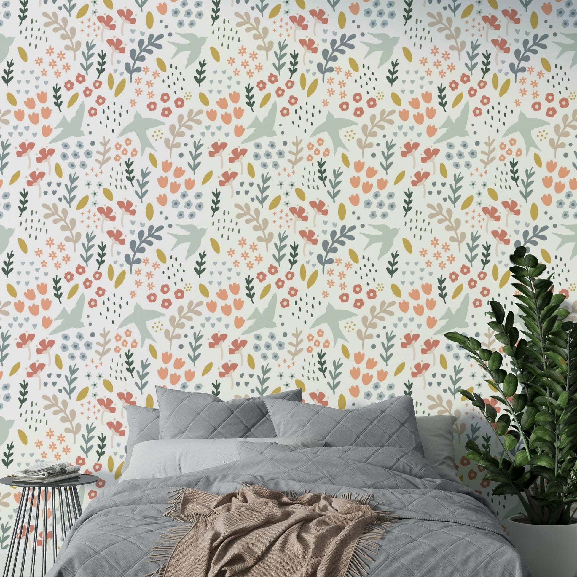 Bellbird Wallpaper Featuring Lush Springtime Blooms

