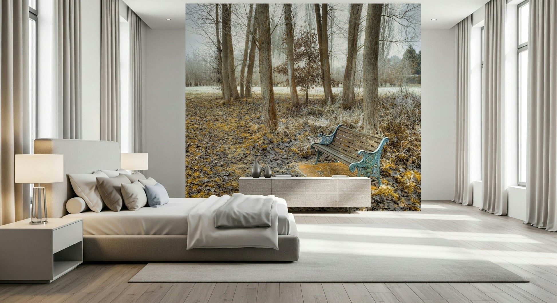 Secluded seating Bench at Park Wall Mural, serene forest wall mural.