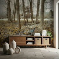 Scenic Bench at Park Wall Mural, dramatic winter landscape wallcovering.