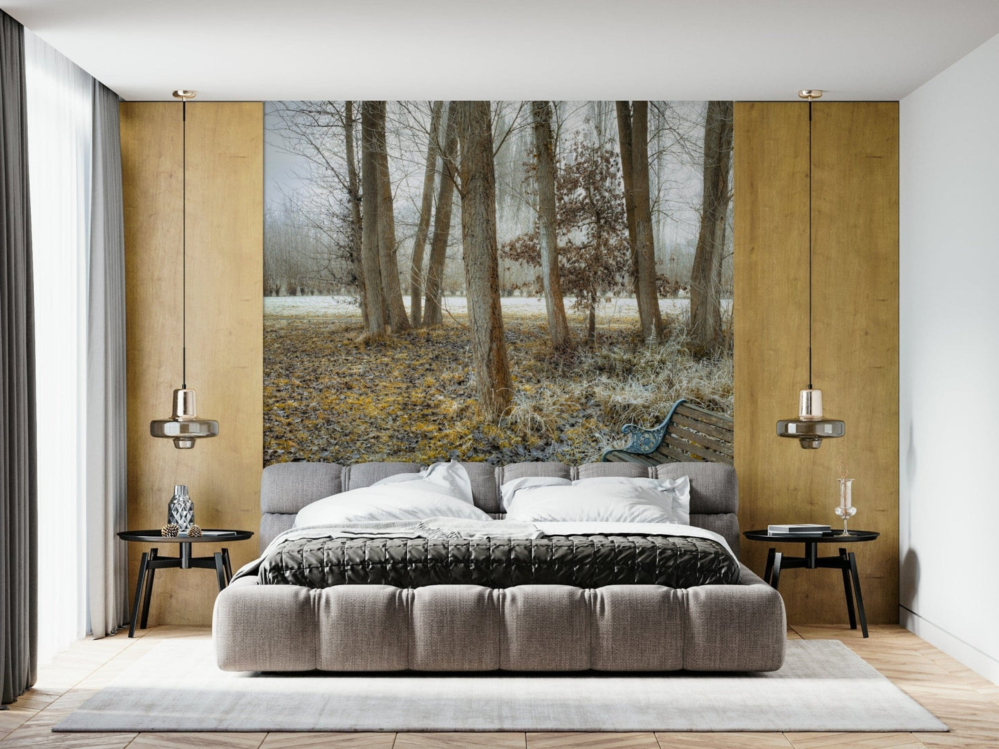 Wooded path Bench at Park Wall Mural, calming nature accent wall.