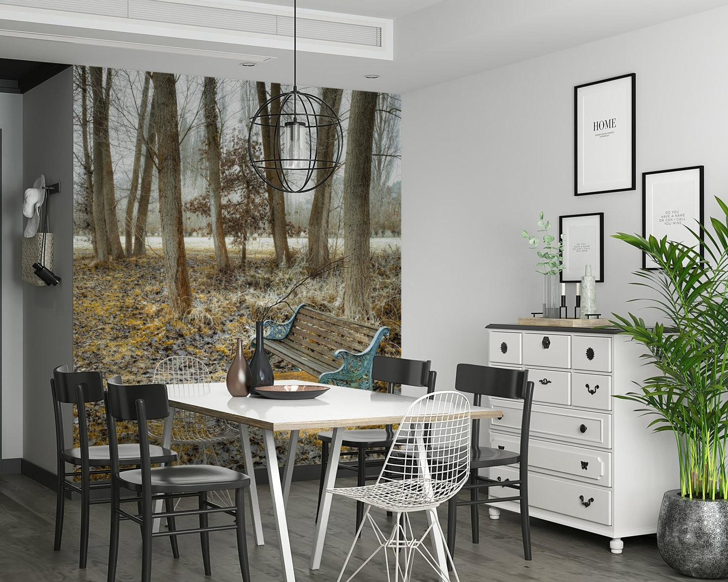Rustic iron Bench at Park Wall Mural, beautiful winter forest wallpaper.