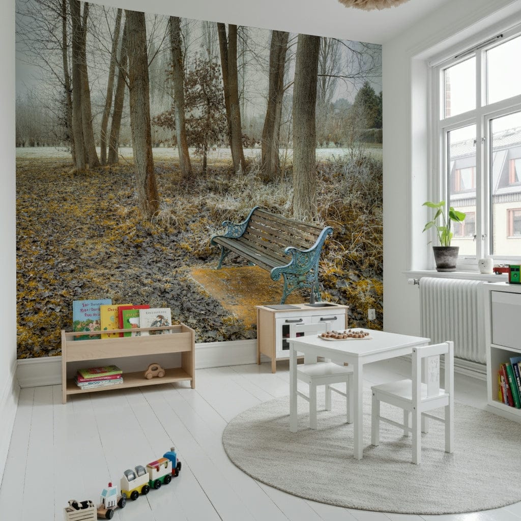 Solitude Bench at Park Wall Mural, unique artistic park wallpaper.