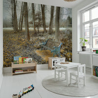 Solitude Bench at Park Wall Mural, unique artistic park wallpaper.