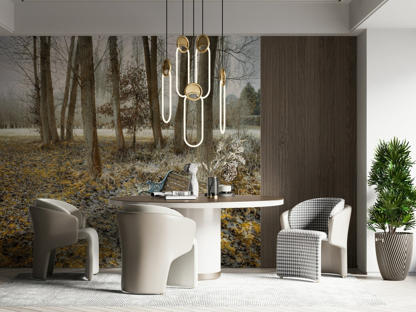 An empty Bench at Park Wall Mural, peaceful garden wallpaper for walls.