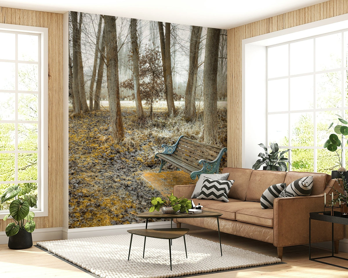 Bench at Park Wall Mural showing a cold, tranquil woodland scene., GD6755