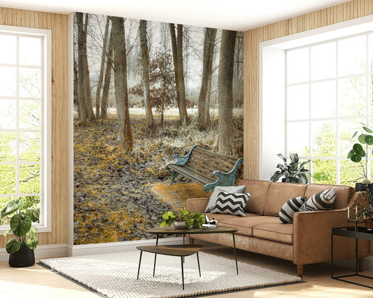 Bench at Park Wall Mural showing a cold, tranquil woodland scene.
