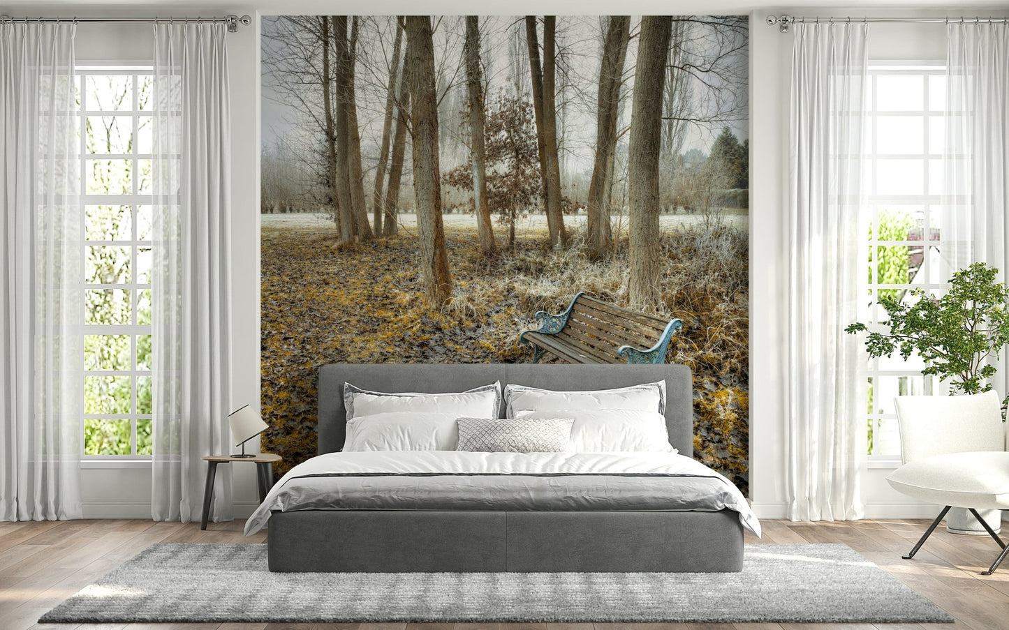 Gray forest Bench at Park Wall Mural, high-quality scenic wall mural.