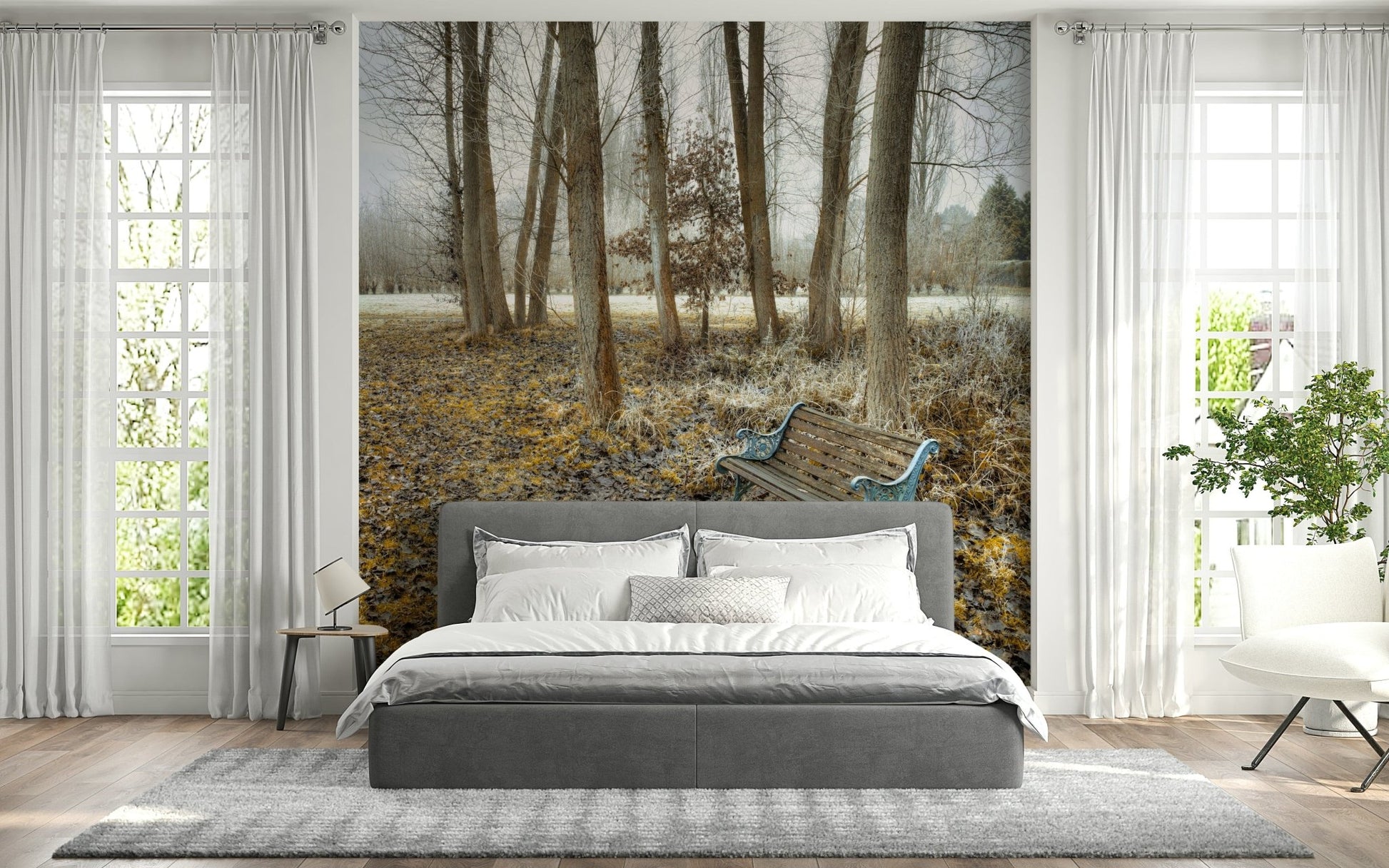Gray forest Bench at Park Wall Mural, high-quality scenic wall mural.