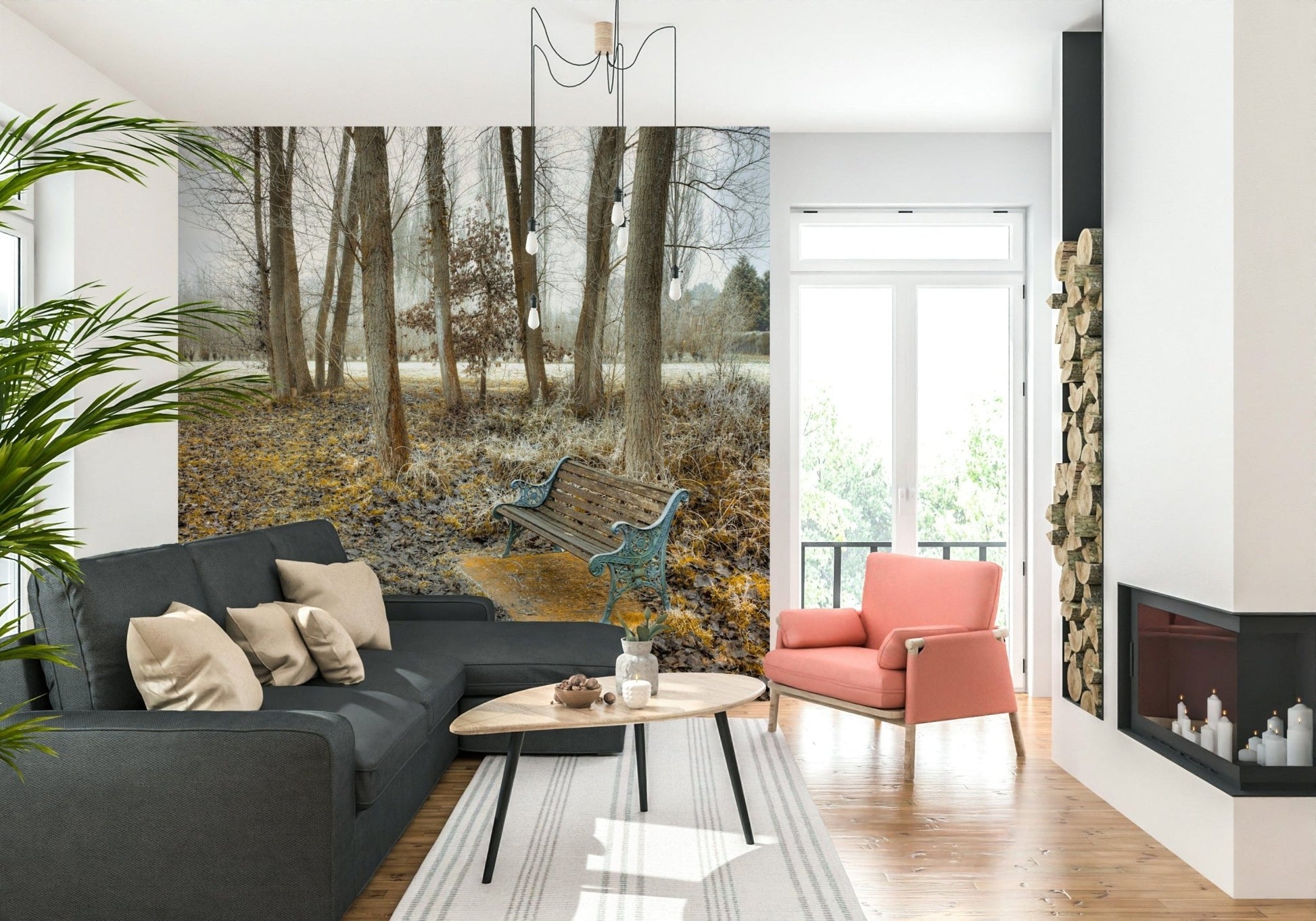 Bare trees and Bench at Park Wall Mural, atmospheric nature wall decor.