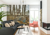 Bare trees and Bench at Park Wall Mural, atmospheric nature wall decor.