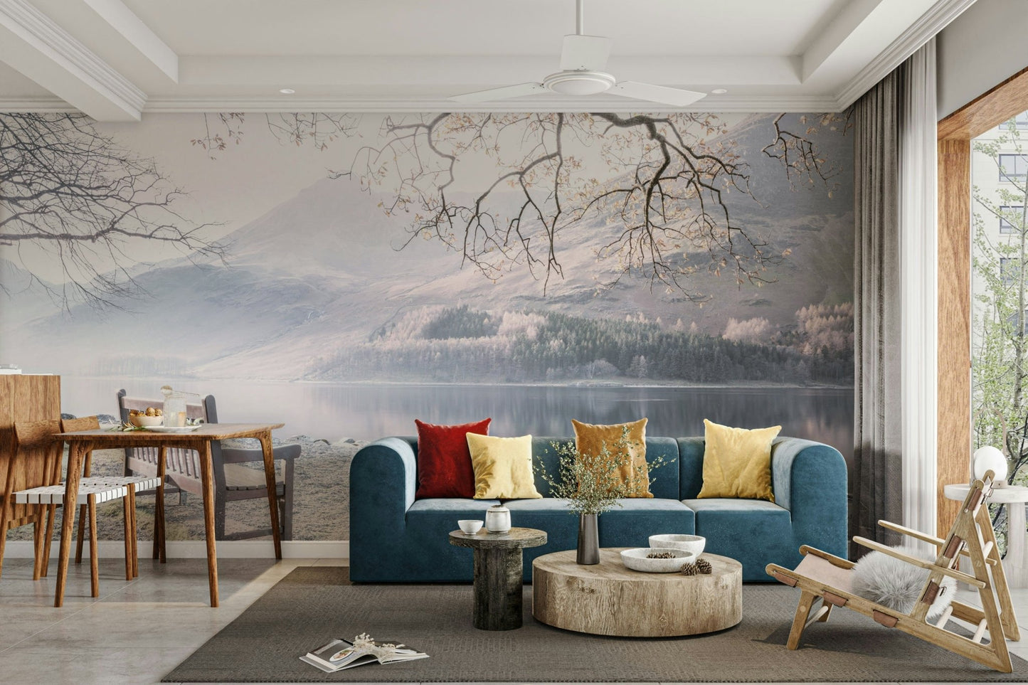 Relaxing lake view mural featuring a cozy bench.

