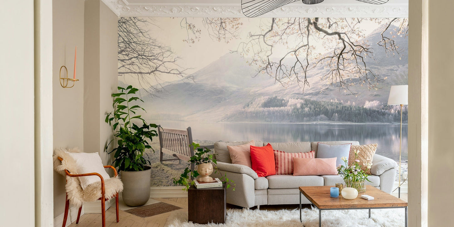 Serene outdoor bench by the lake wall mural design.

