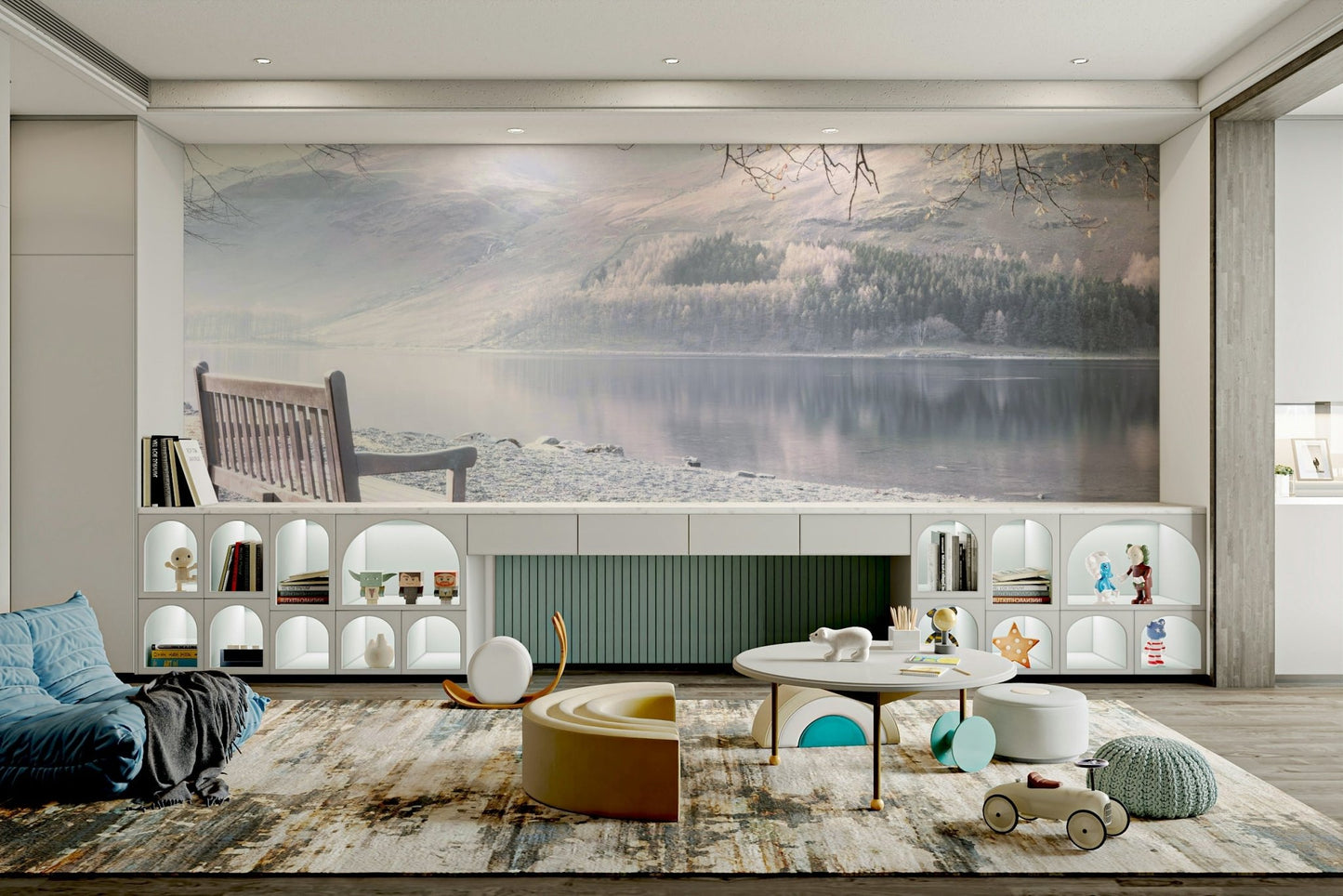 Bench by serene lake wall mural for calm decor.

