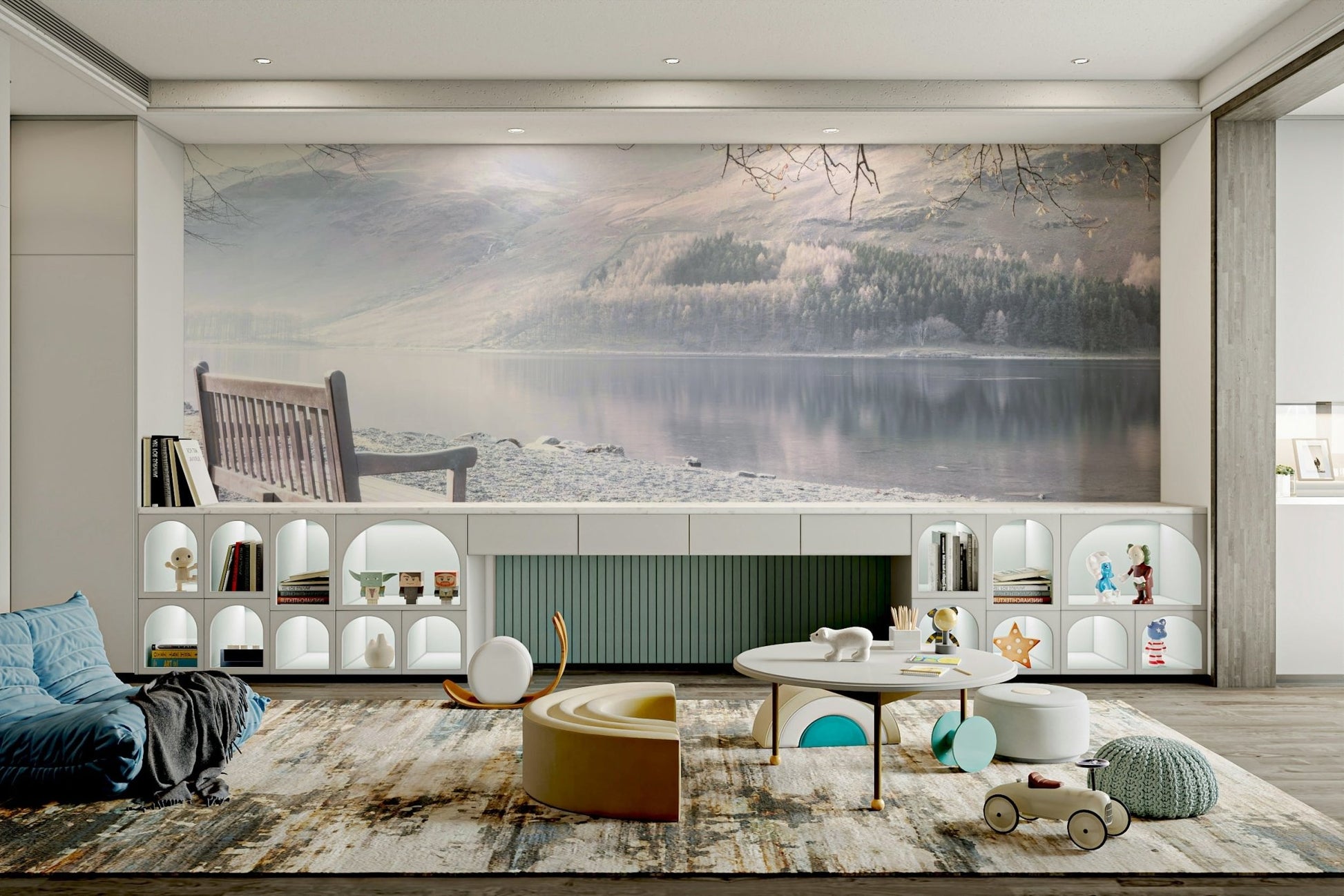 Bench by serene lake wall mural for calm decor.

