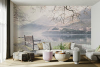 Tranquil bench by still lake wall art mural.

