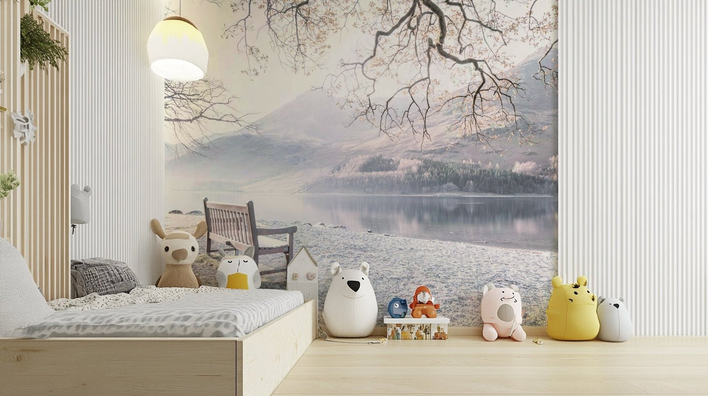 Tranquility captured in a bench by still lake mural.

