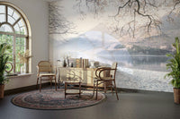Peaceful still lake scene with bench on wall mural.

